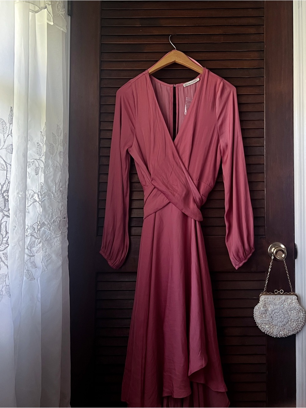 Wrapped Long-Sleeve Midi Dress in Mauve